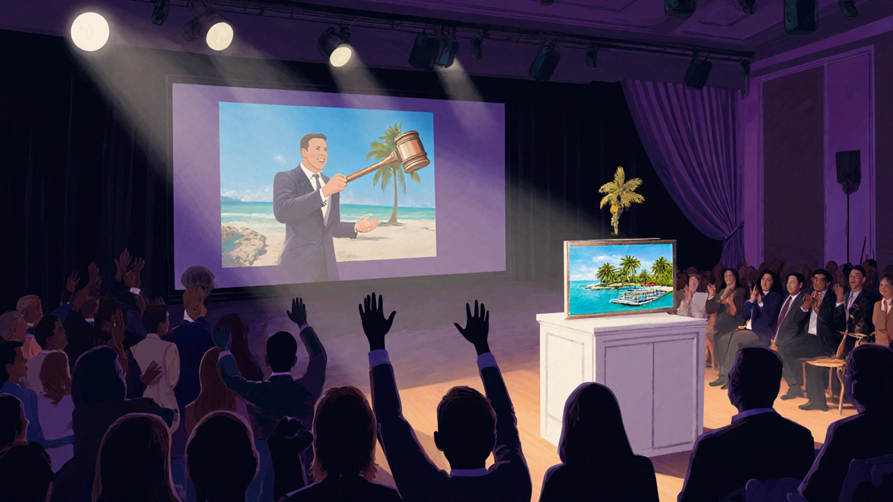 A lively live auction with an emcee, spotlight, and enthusiastic crowd.