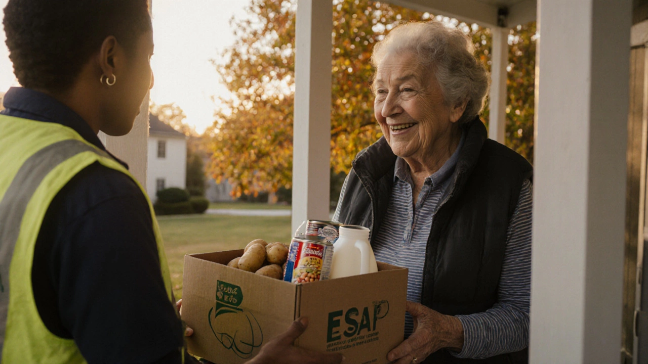 An elderly woman receiving a doorstep delivery of groceries from a food bank volunteer.