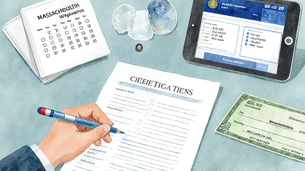 Caregiver signs paperwork and reviews a payment check in an agency office.