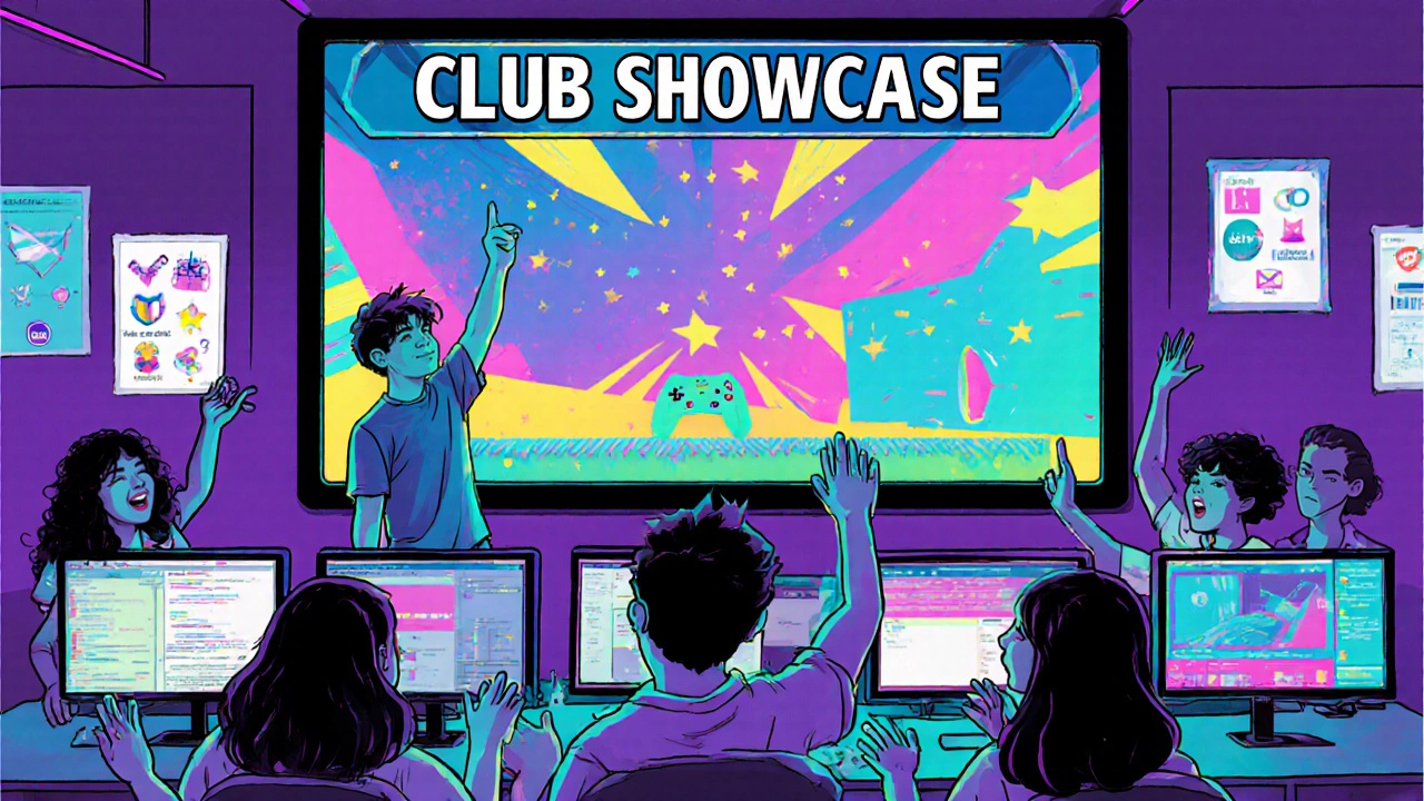 Coding club members celebrating a game demo at a school showcase event.