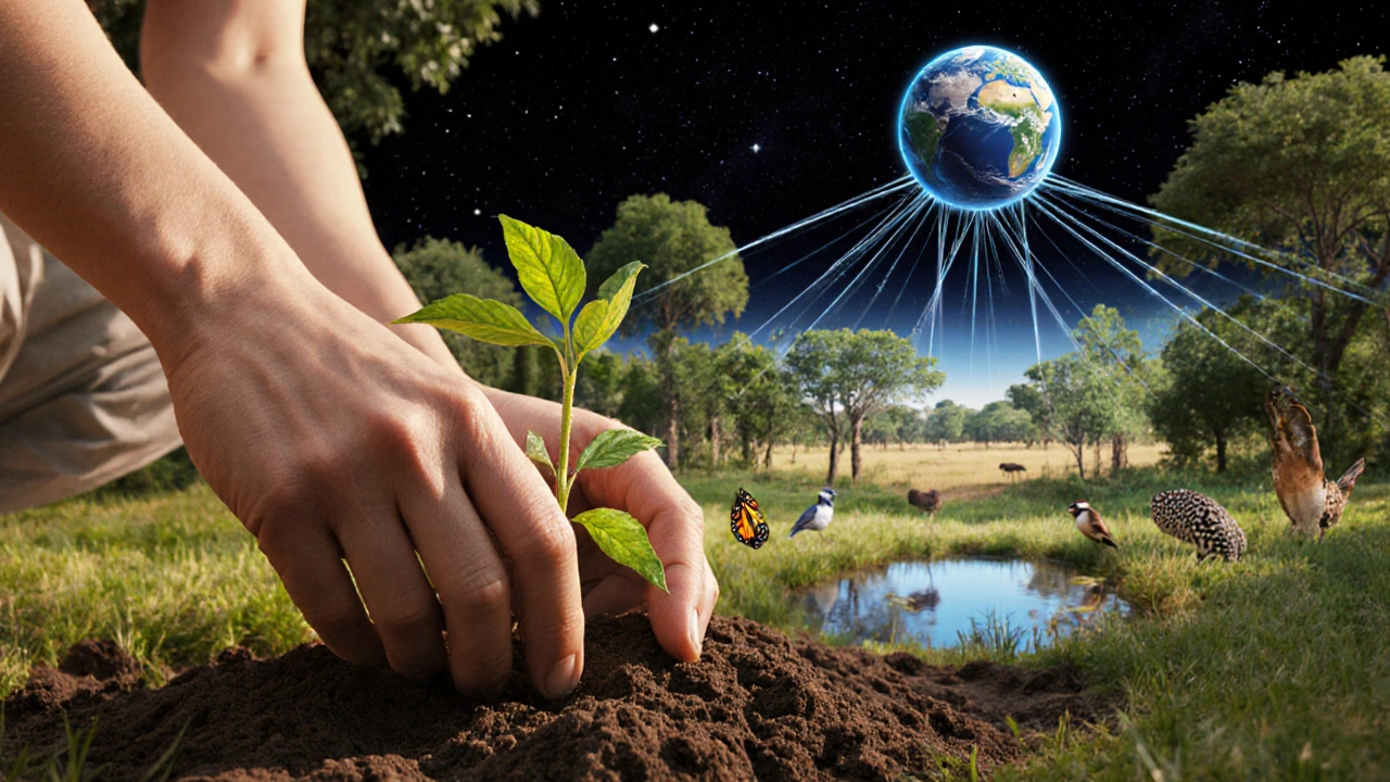 Concept art of a gardener planting seedlings with visual ripple up to the planet.