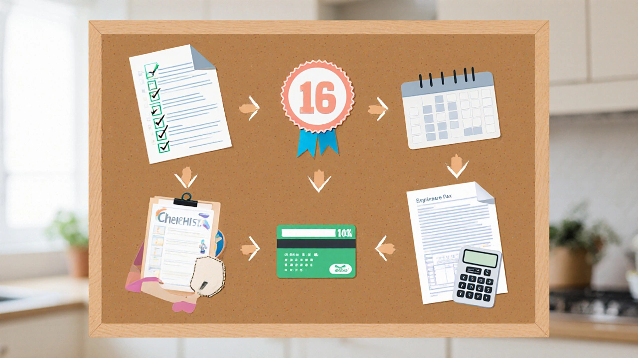 Corkboard shows icons for each step of the caregiver application process.