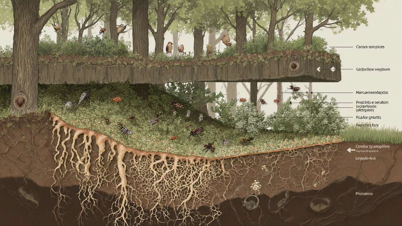 Cross‑section of forest layers showing trees, shrubs, ground plants, fungi, and soil microbes.