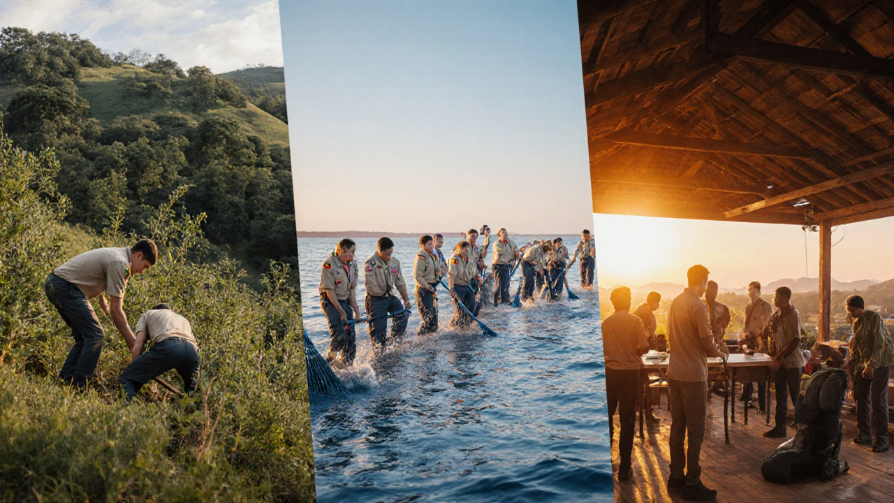 Digital art of Scouts planting trees, cleaning a coast, and leading a workshop at sunrise.