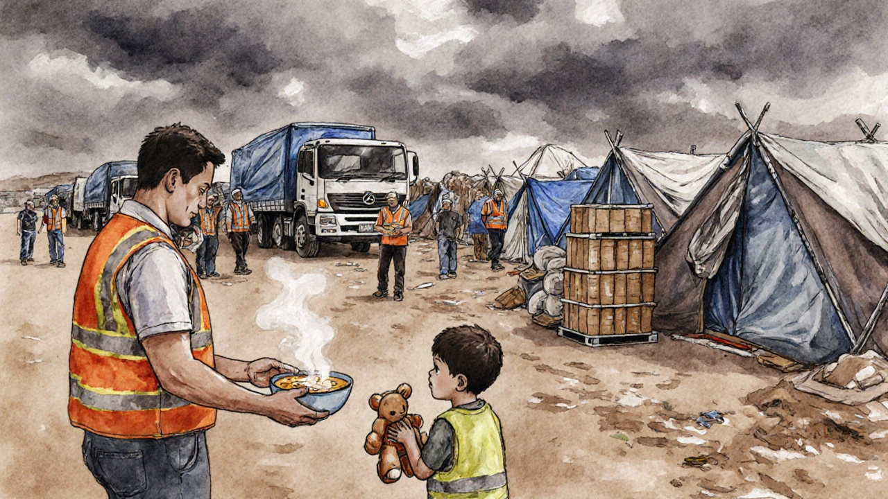 Disaster relief volunteers distributing meals and setting up shelters after an earthquake.
