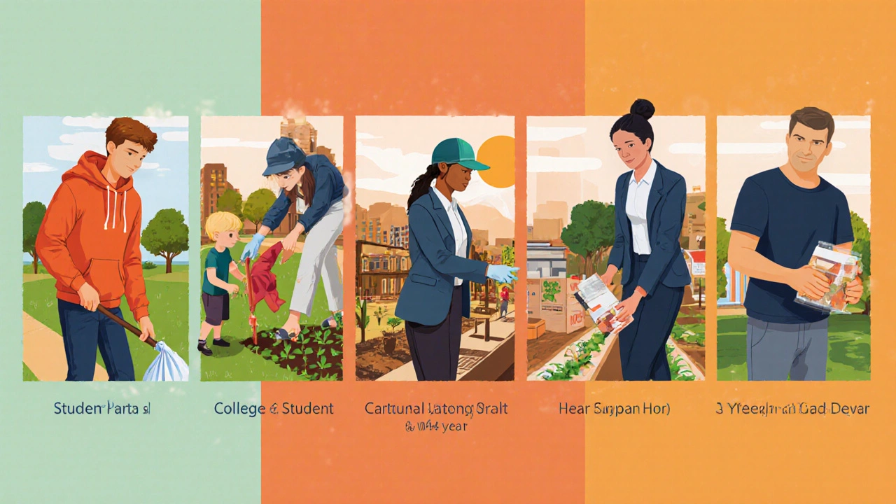 Five volunteers—student, tutor, corporate worker, retiree, professional—engaged in different activities.