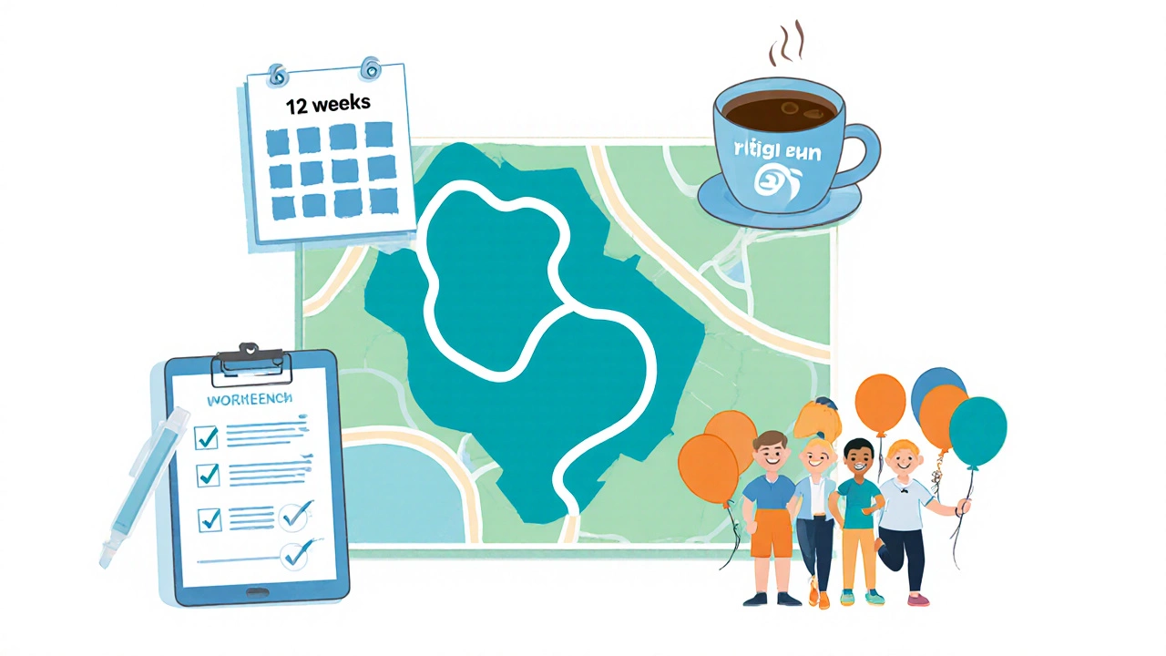Flat illustration showing route map, checklist, sponsors, registration app, and volunteers.