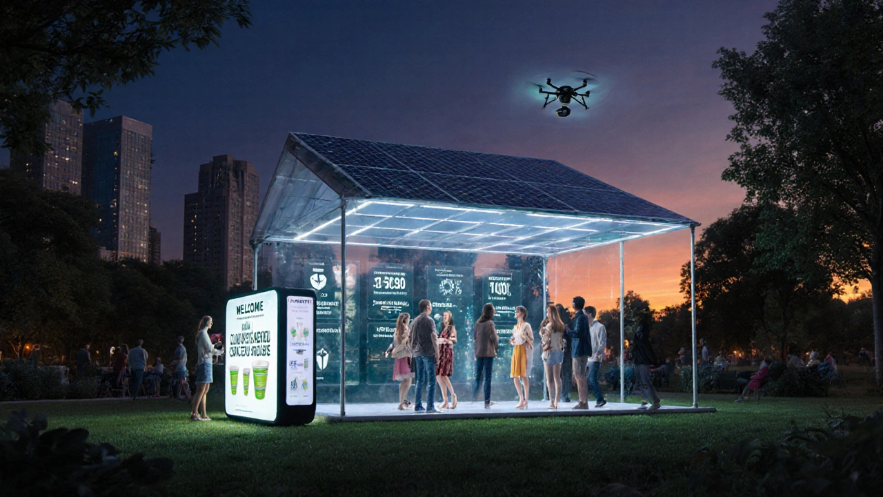 Futuristic park pop‑up venue with AI club matchmaking holograms.