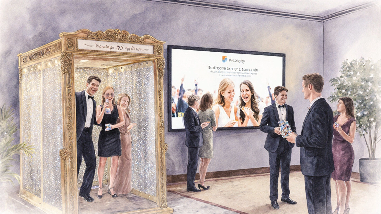 Gala attendees enjoy a photo booth and mingle while a screen shows charity videos.