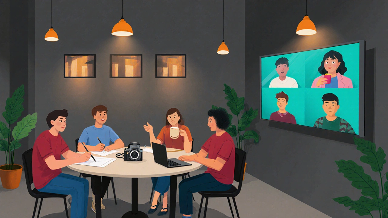 Hybrid club meeting with in‑person attendees and a Zoom screen.
