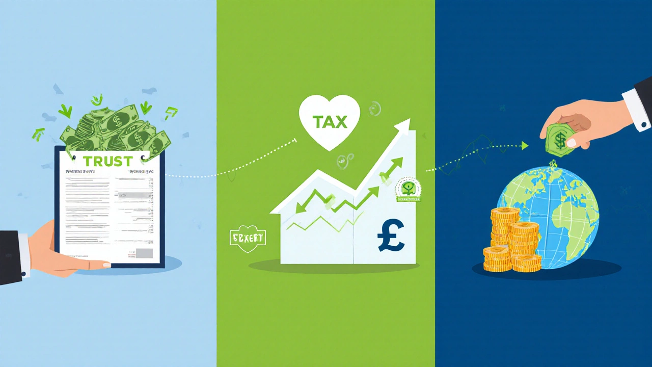 Illustration showing assets flowing into a charitable trust and tax benefits.