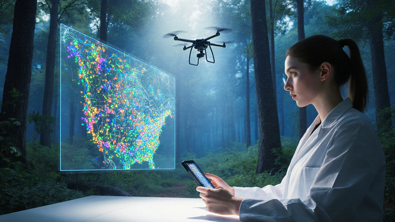 Lab scene with holographic forest community map and DNA sequencer representing modern research.