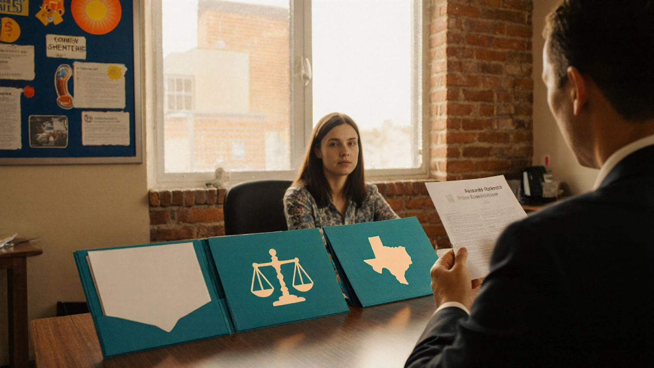 Legal aid clinic scene with lawyer and client discussing a citation, warm indoor lighting.