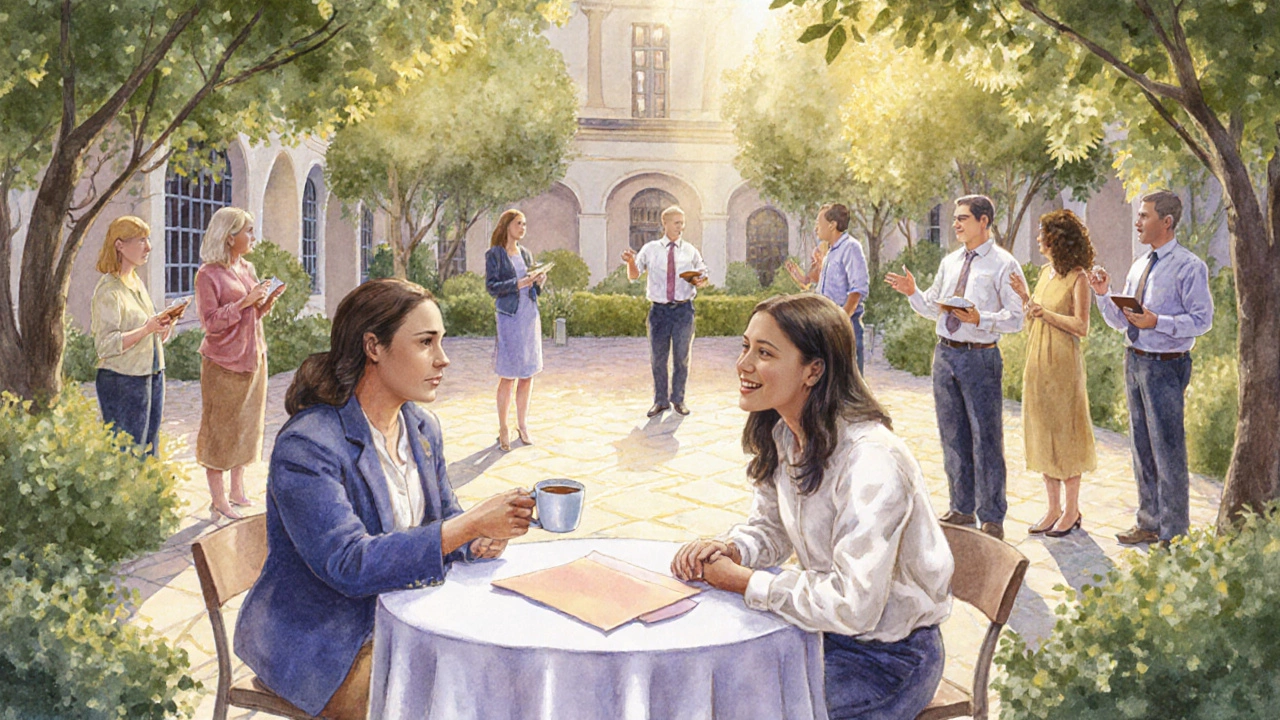 Mentor and student sharing coffee and networking in a garden courtyard.