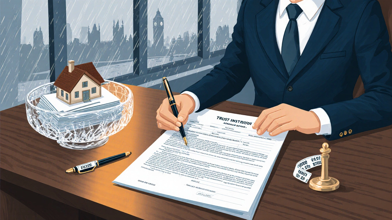 Office desk with trust documents, appraisal reports, and a trustee reviewing forms near a London window.