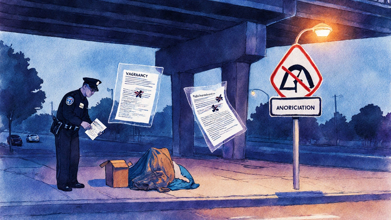 Officer giving a citation to a person sleeping under an overpass, anti‑camping sign nearby.