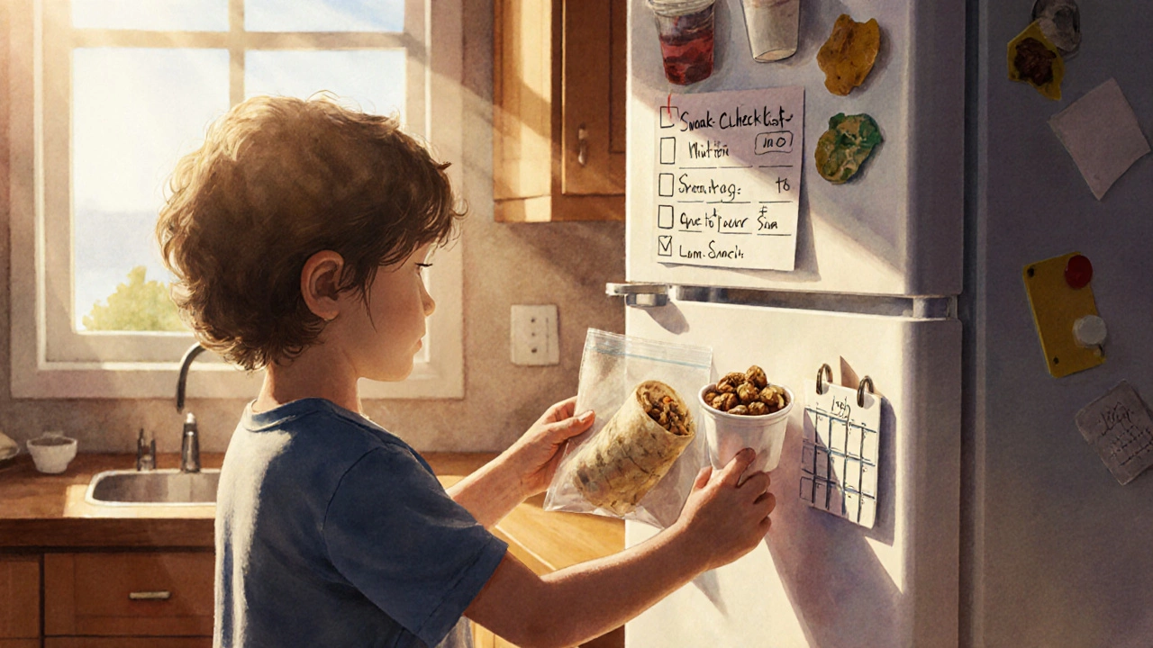 Parent and child reviewing a snack checklist in a cozy kitchen.