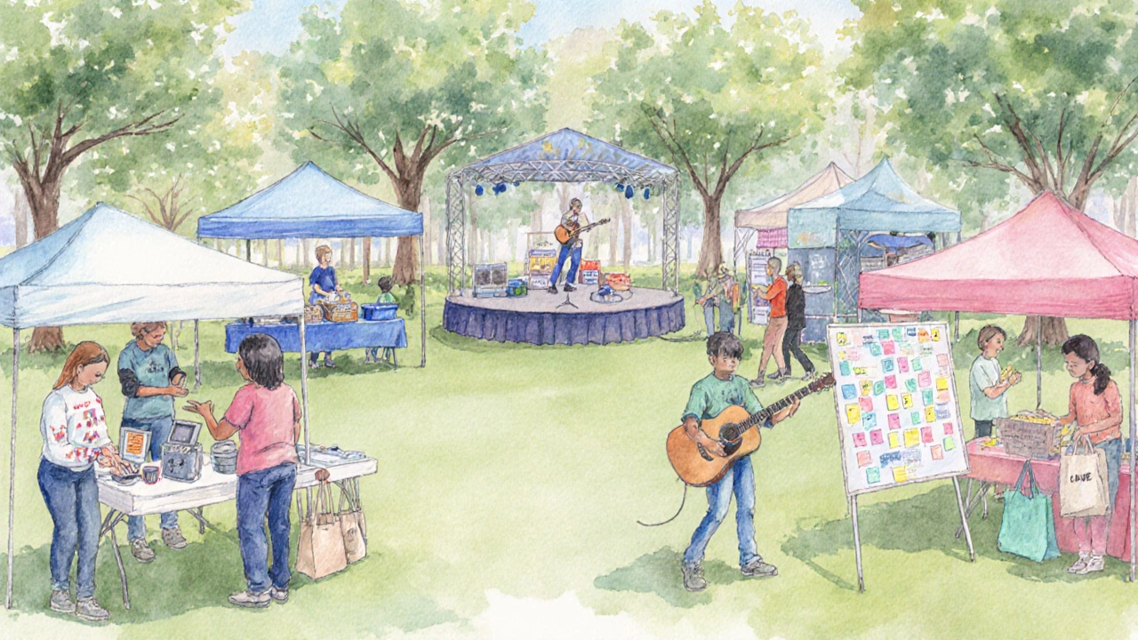 Park outreach fair with health, recycling, food booths and a feedback board, depicted in watercolor.