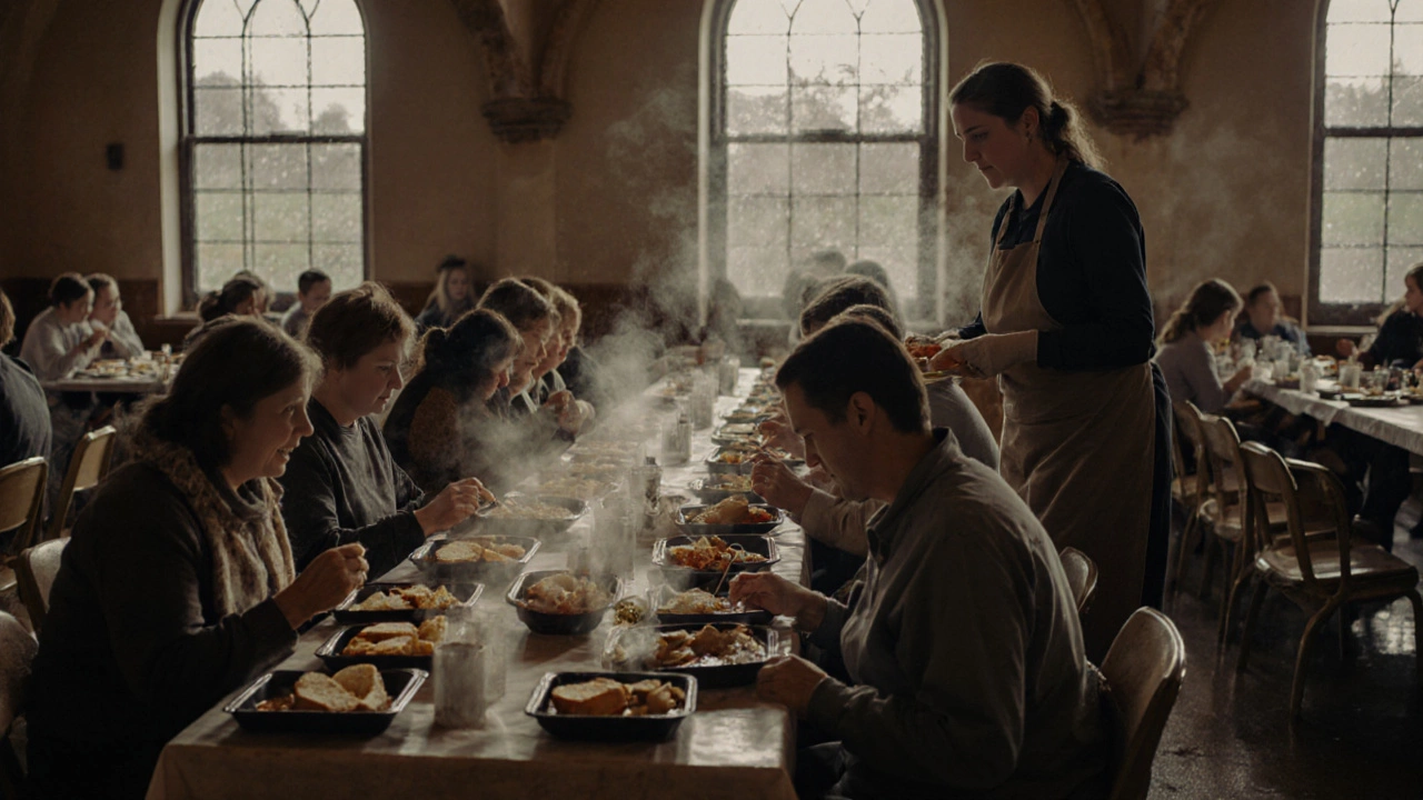 People sharing a hot meal together in a community hall.