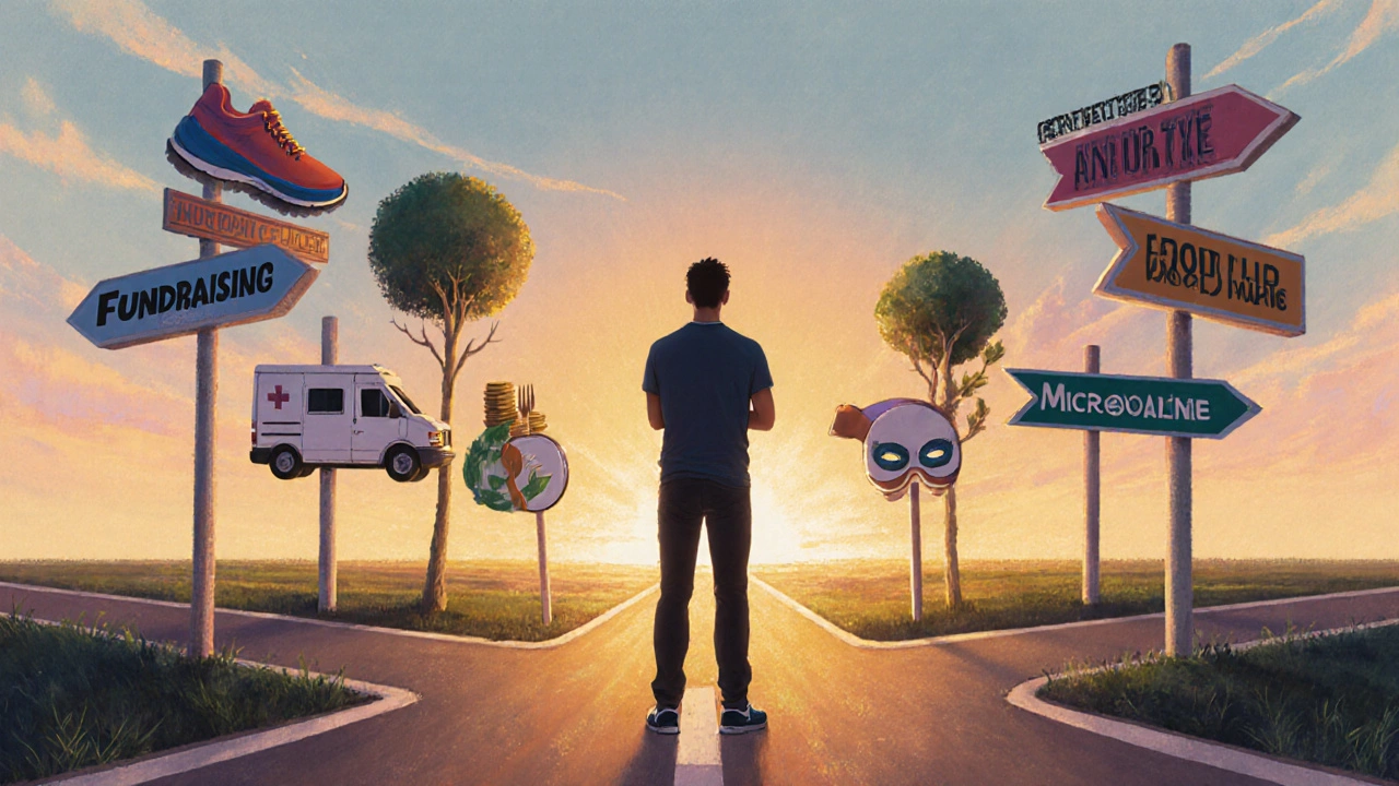 Person at a sunset crossroads choosing between icons representing different charity types.