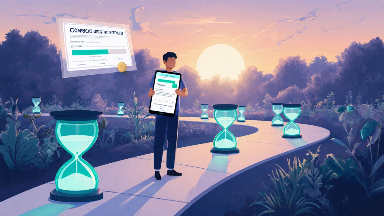 Person on a path of glowing hourglass milestones holding a phone showing volunteer tracking progress.