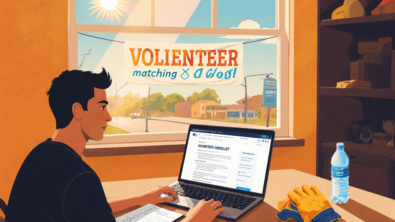 Person planning volunteer work at a desk with checklist and gloves, window shows event banner.