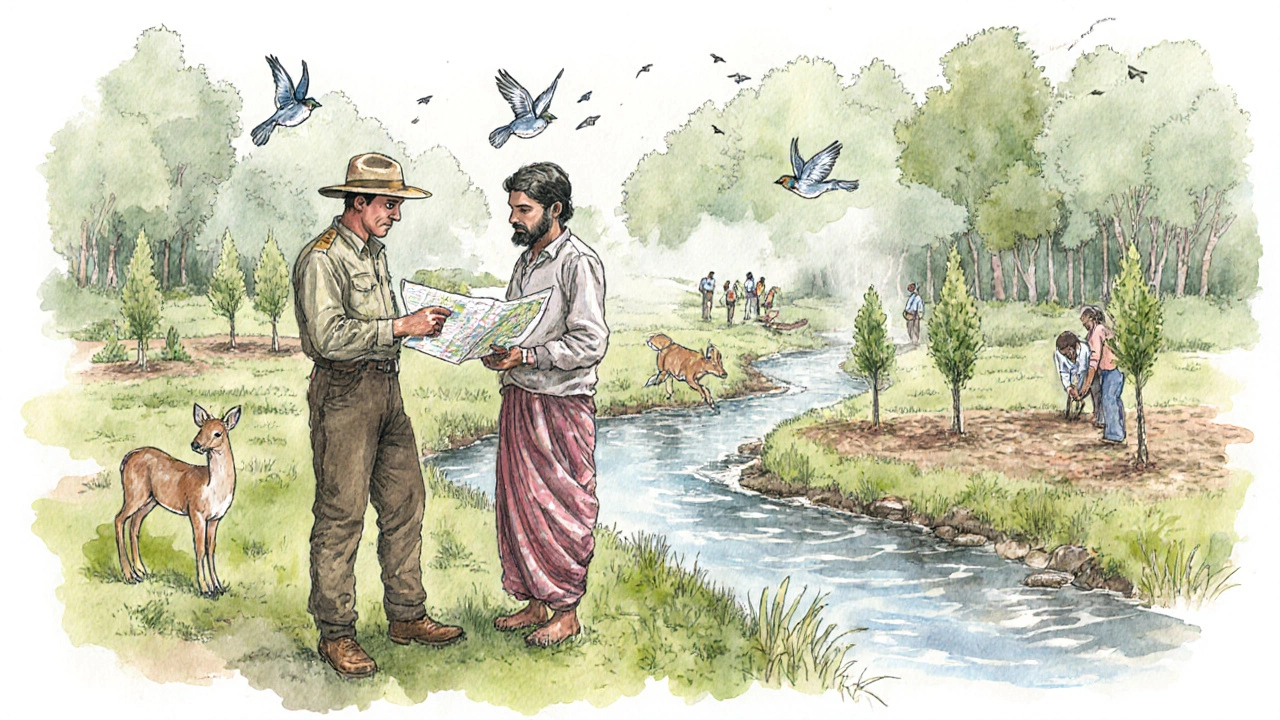 Rangers and local farmers collaborating in a forest reserve, observing wildlife.