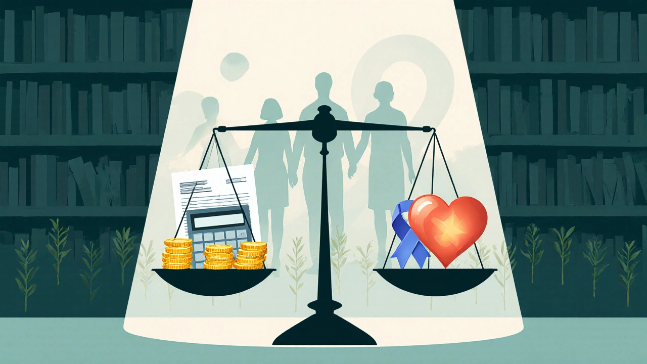 Scale balancing tax symbols on one side and charitable symbols on the other in a library setting.