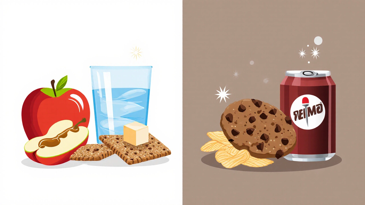 Side‑by‑side illustration of healthy snacks versus unhealthy snacks.