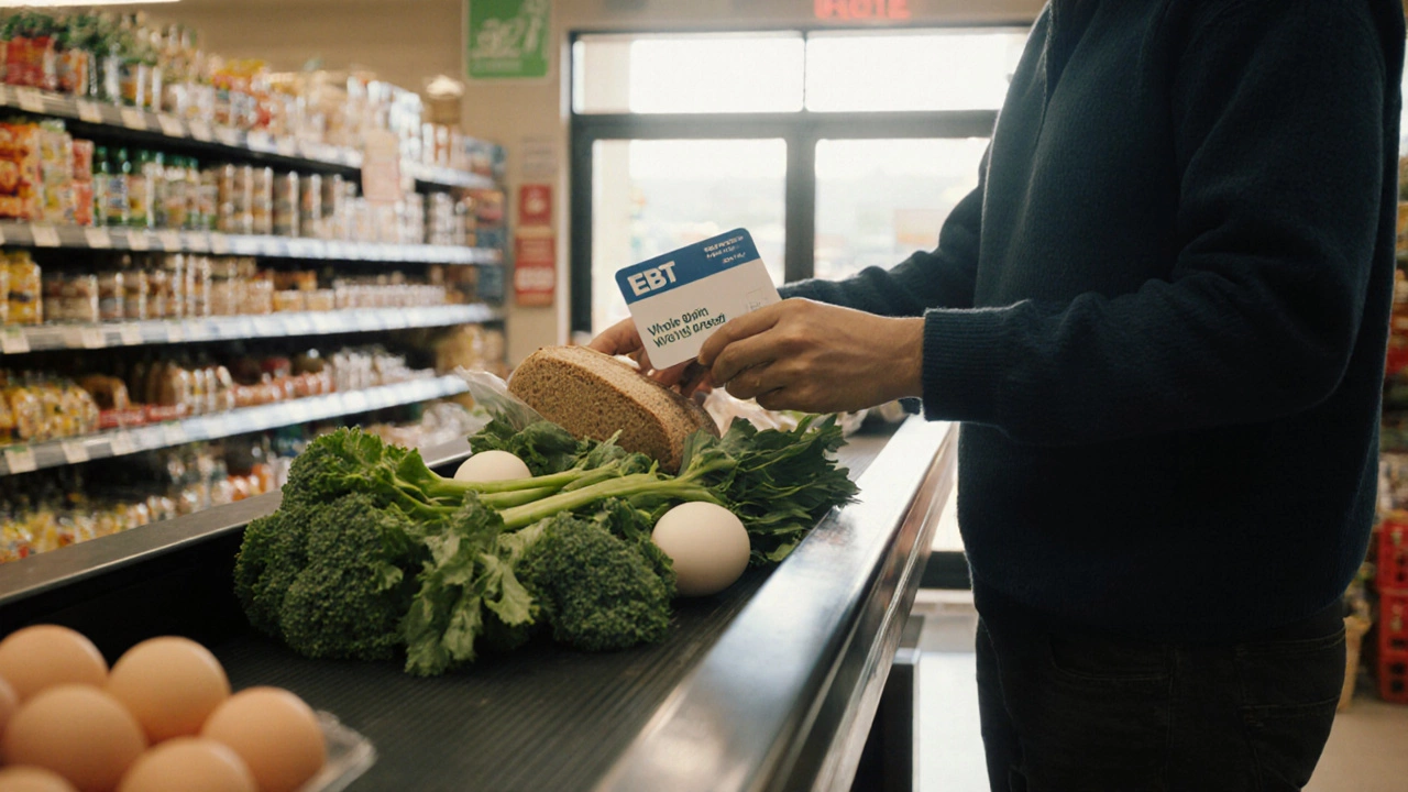 Someone purchasing groceries with an EBT card at a supermarket.