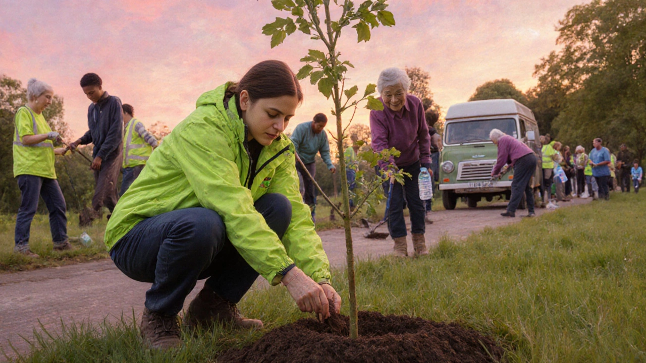 Volunteer planting a tree at sunrise in a UK park with a diverse group.