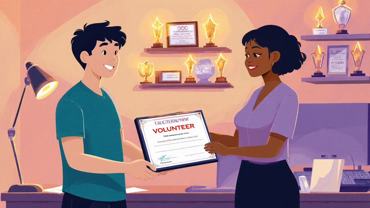 Volunteer receiving a certificate from a coordinator in a cozy office.