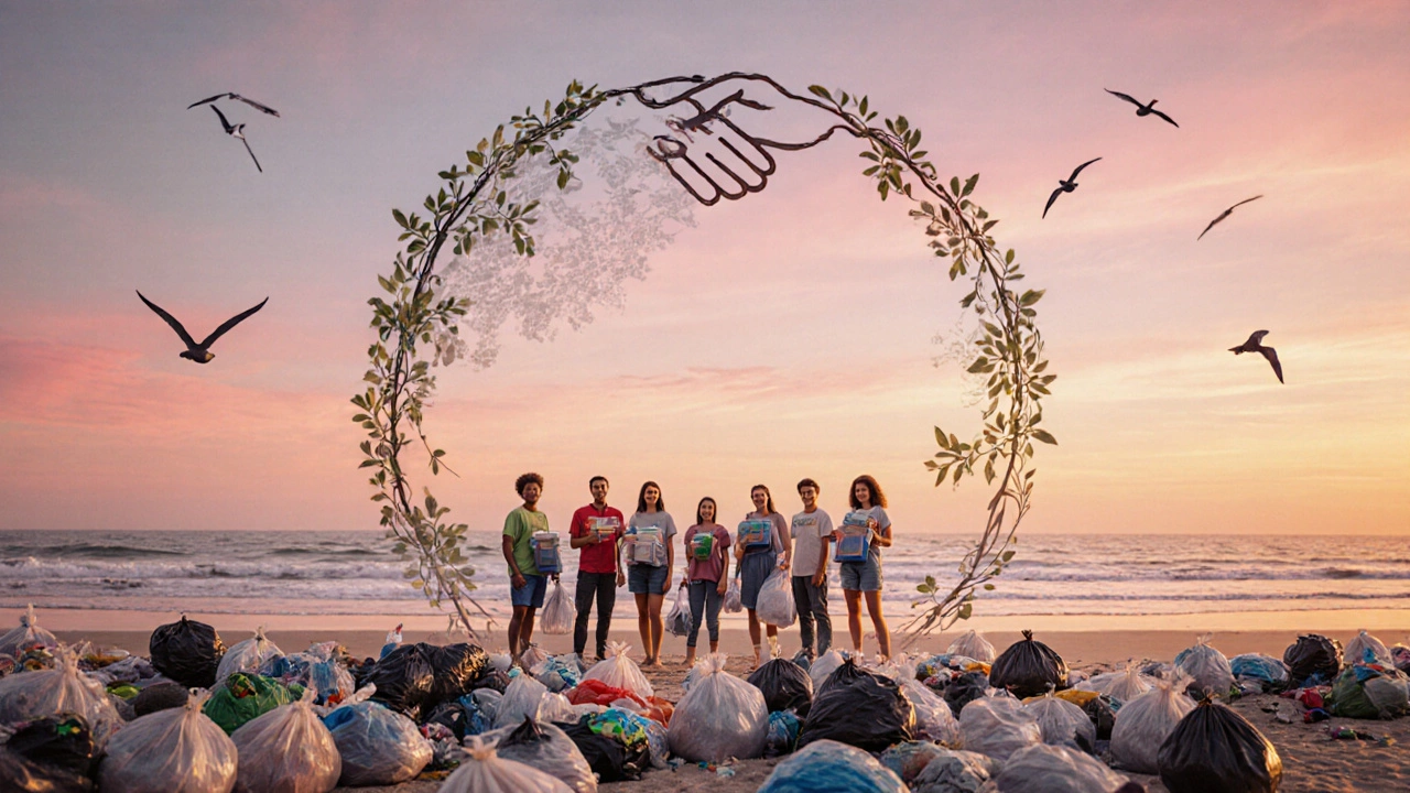 Volunteers collecting trash on a beach at sunset after a coastal cleanup.