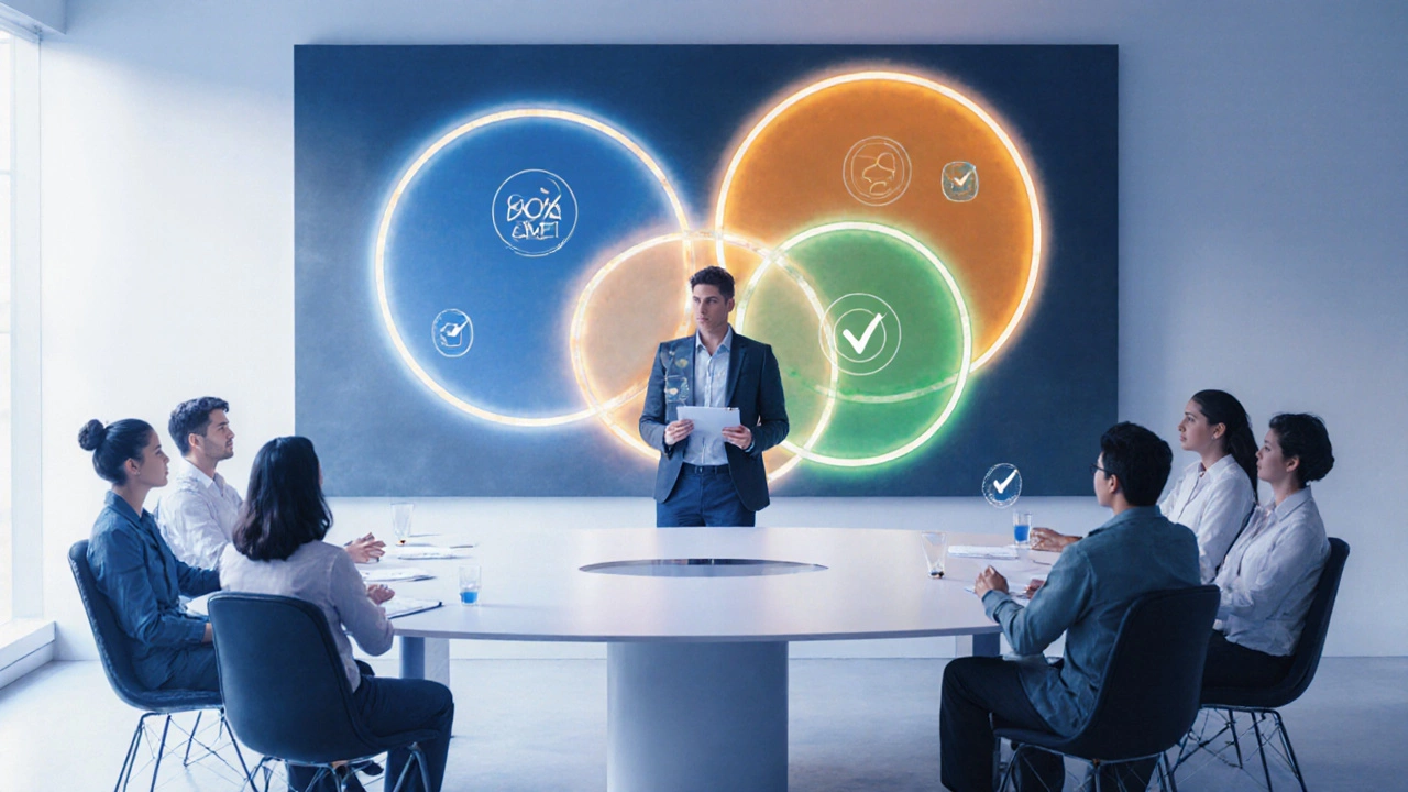 Volunteers review objectives in a conference room, surrounded by glowing circles representing goals.