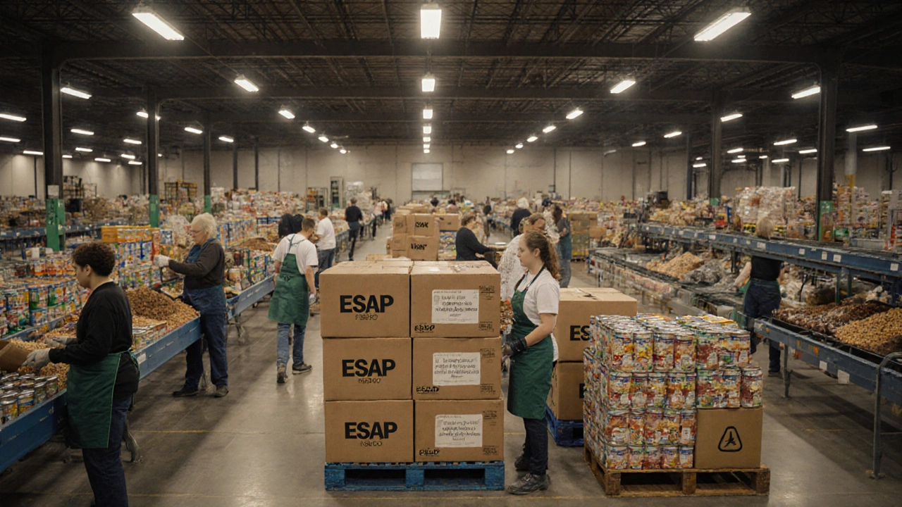 Volunteers sorting USDA-donated food in a warehouse with labeled boxes and pallets.
