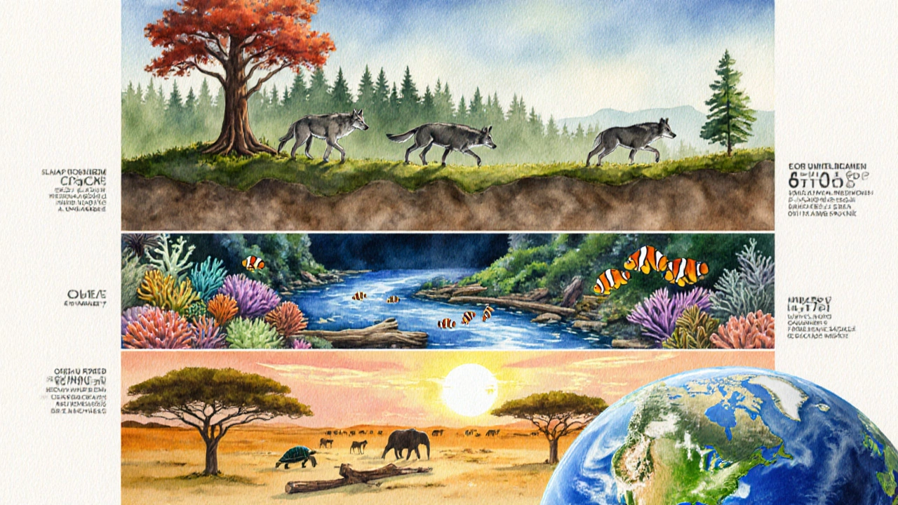 Watercolor collage of six scenes: tree, wolves, coral reef, forest, savanna, Earth.