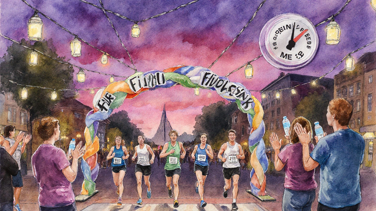 Watercolor of runners crossing finish arch at dusk with celebratory crowd and donation gauge.