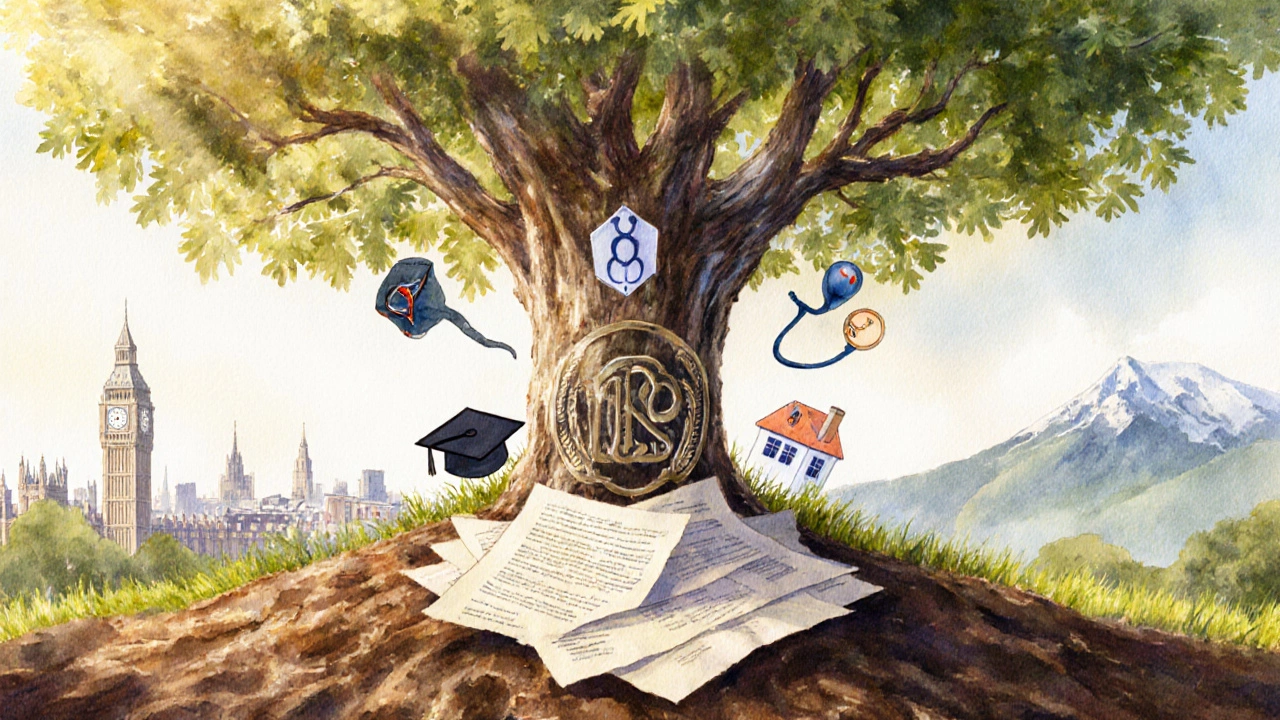 Watercolor scene of a flourishing tree growing from trust documents, symbolizing community impact.