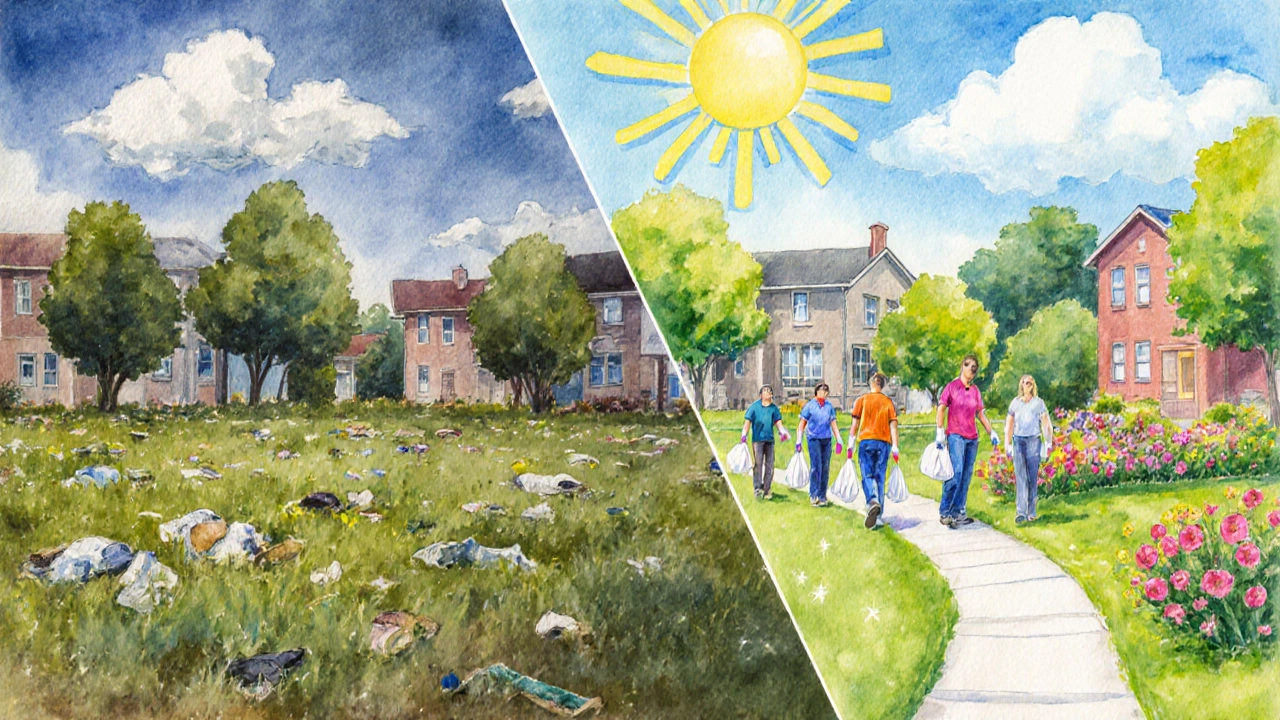 Watercolor split view of a park before and after volunteers clean it up.