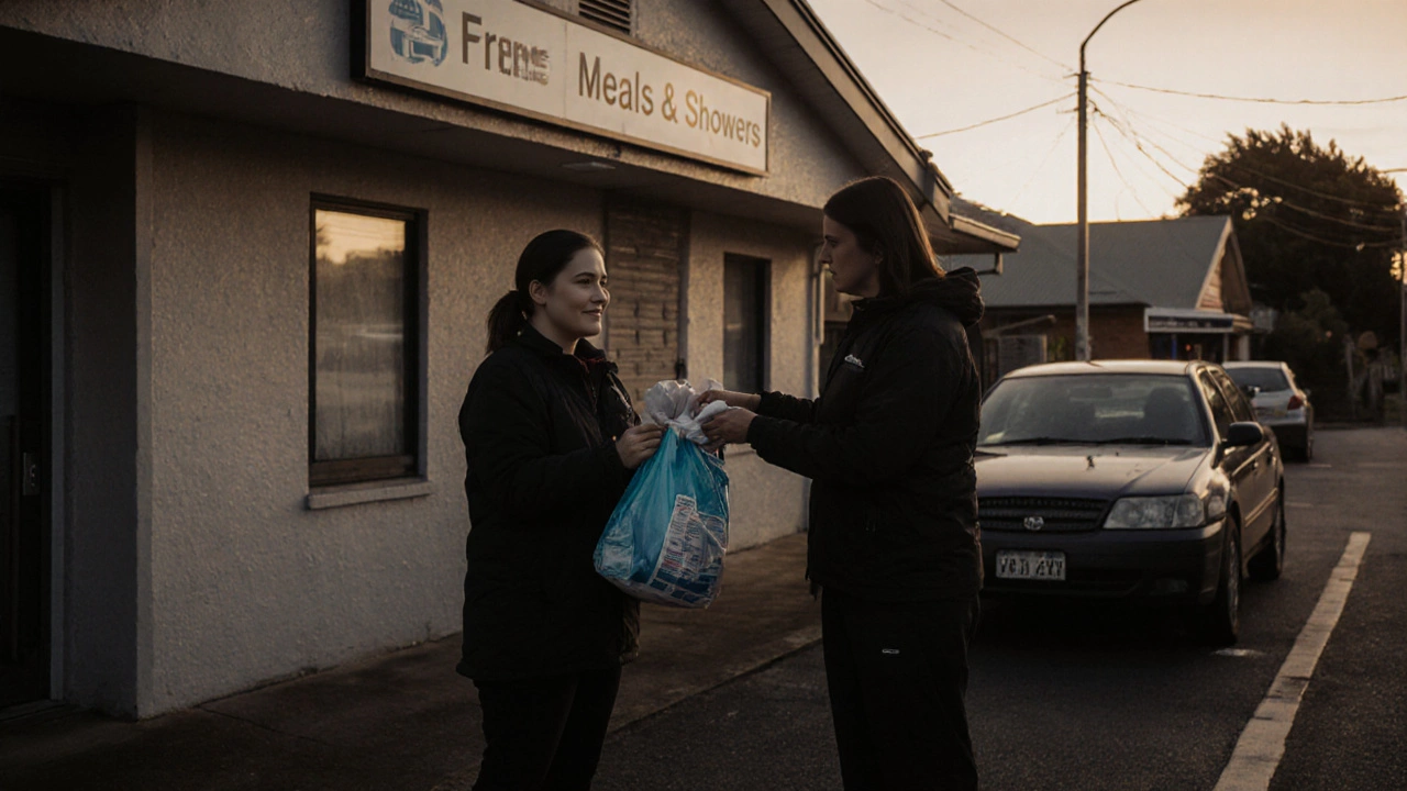 A person receiving a hygiene kit from a volunteer at a community center at dawn, car visible in background.