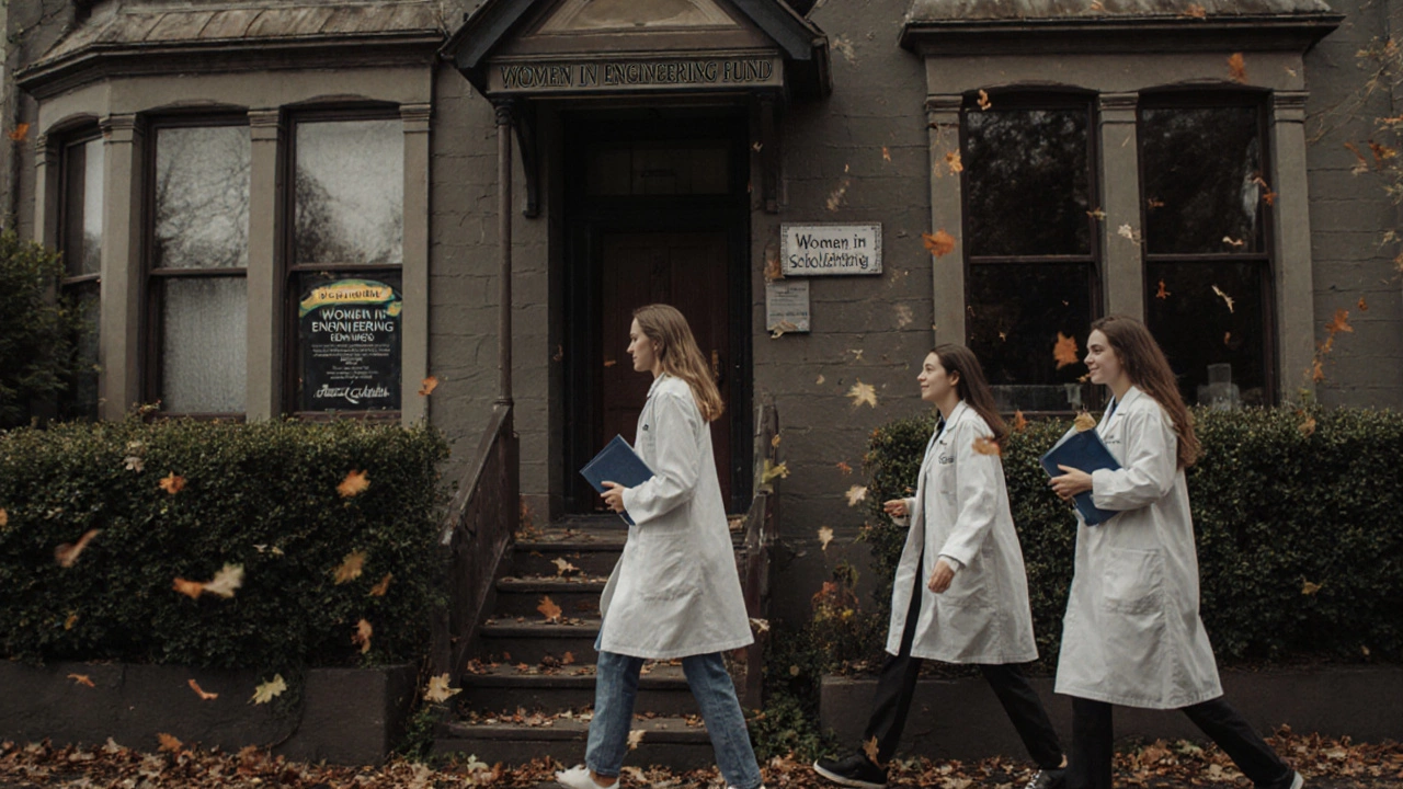 A restored heritage home with scholarship plaque, young women in lab coats walking past.