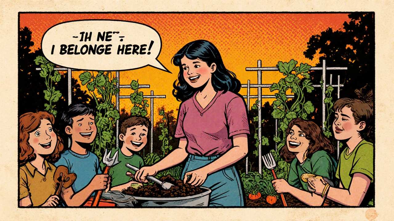 A student teaching peers how to compost in a vibrant community garden.