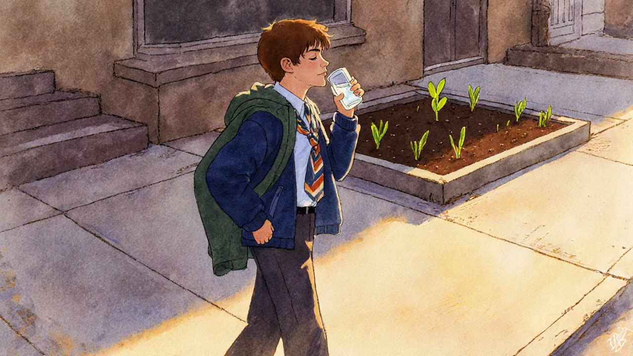 A student walking home after school, pausing to breathe and drink water at sunset.
