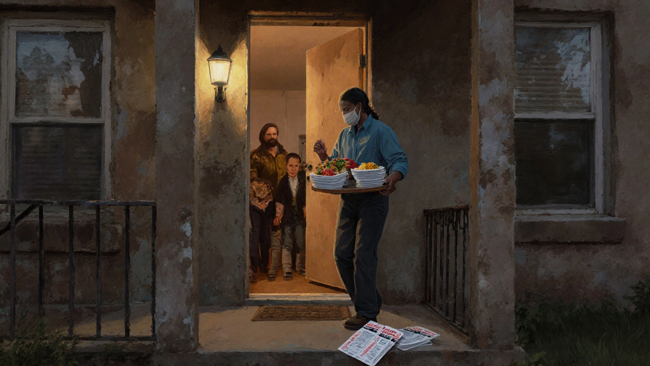 A volunteer knocking on a door with a tray of meals at dusk, family waiting inside.