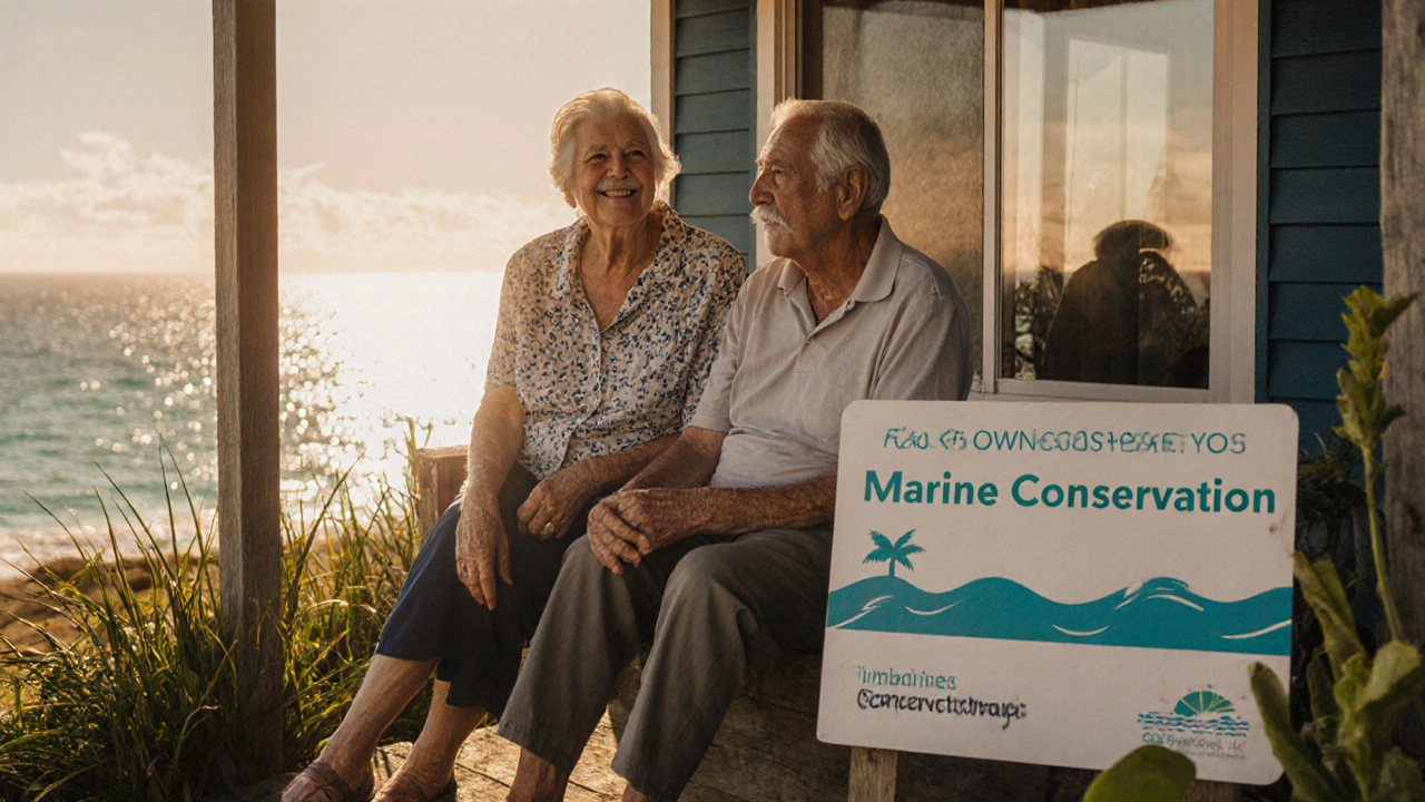 An elderly couple on their porch, smiling, with a marine conservation sign and ocean view.