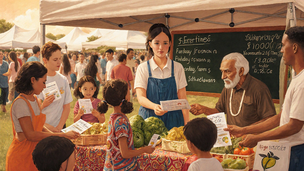 Community coordinator engaging families at a vibrant farmers market event.
