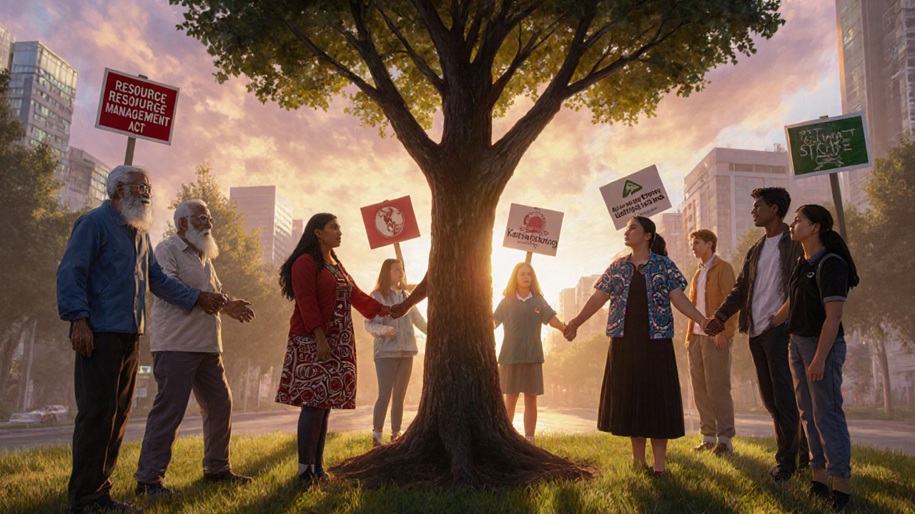 Diverse group holding hands around a planted tree, with cultural and environmental symbols fading in background.