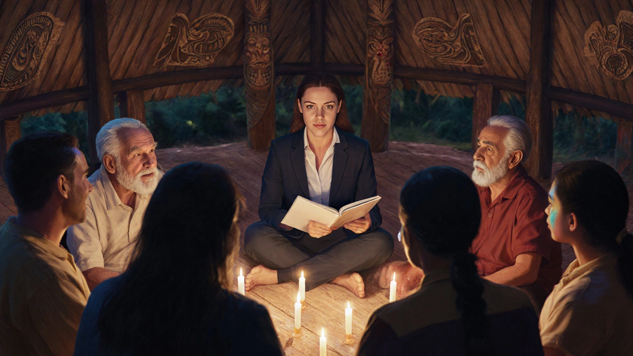 Public engagement officer listening to Māori elders in a traditional meeting space.
