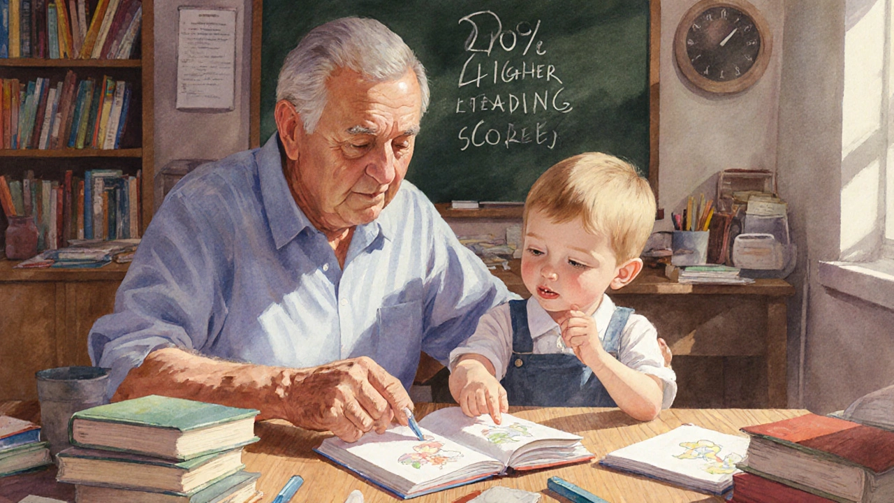 Retired teacher and student studying together at a tutoring center with books and chalkboard in background.