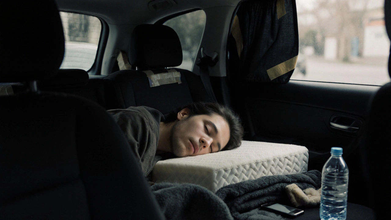 Someone sleeping in a car with a memory foam topper and blackout curtains, peaceful and dignified.